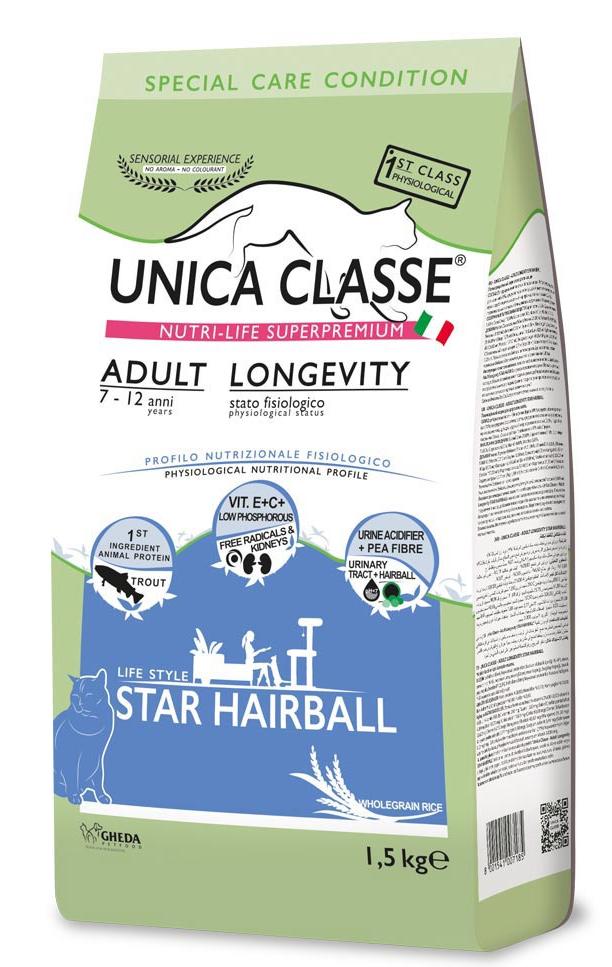 Сухой корм Unica Classe Adult Longevity Star Hairball (Форель) для кошек и котят