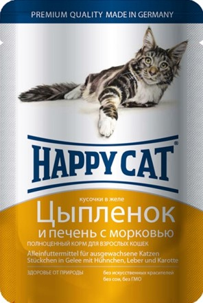 Консервы Happy Cat Пауч Цыпленок Печень Морковь для кошек и котят