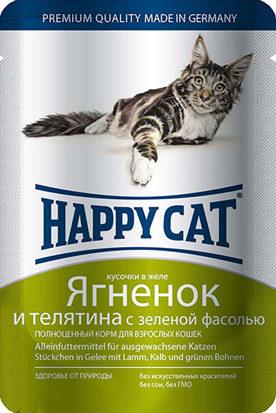 Консервы Happy Cat Пауч Ягненок, Теленок, Зеленая фасоль для кошек и котят