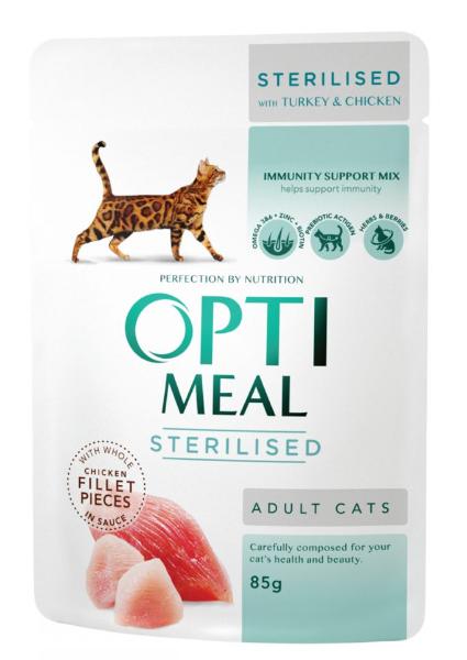 Консервы Optimeal для стерилизованных кошек с индейкой и курицей в соусе для кошек и котят