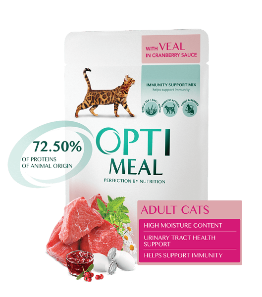 Консервы Optimeal для кошек телятина в клюквенном соусе для кошек и котят