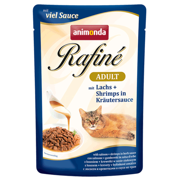 Консервы Rafine Soupe Adult (с c лососем и креветками в соусе из трав) для кошек и котят