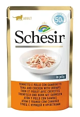 Schesir Тунец с курицей и креветками в желе Пауч